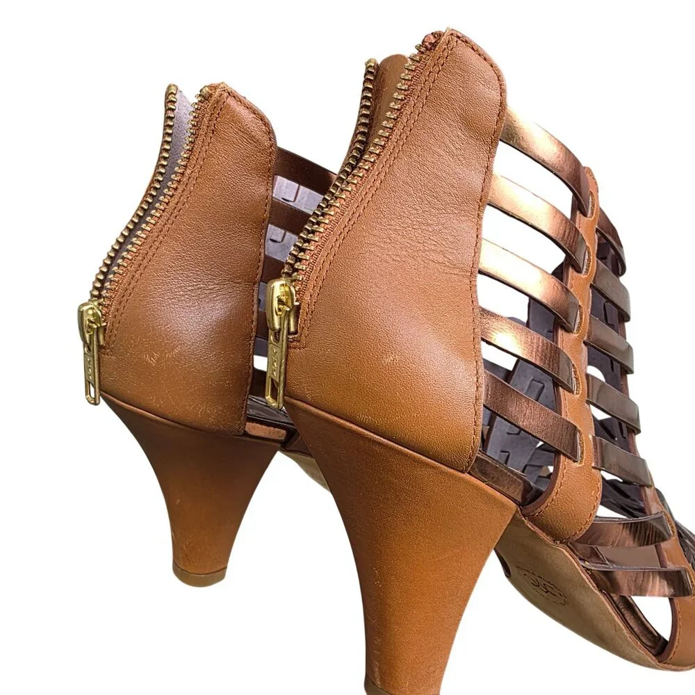 Johnston & Murphy Leather Evie Natural Gold Zip Bootie Leather Heels - Picture 8 of 11